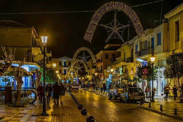 Nafplion Greece Styczeń 2020 Nocna Scena Miejska Historycznym Centrum Miasta — Zdjęcie stockowe