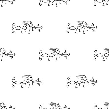 Siyah ve beyaz, yarım yamalak kalem. Garip, canavar motifli, pürüzsüz desen çiziyor.