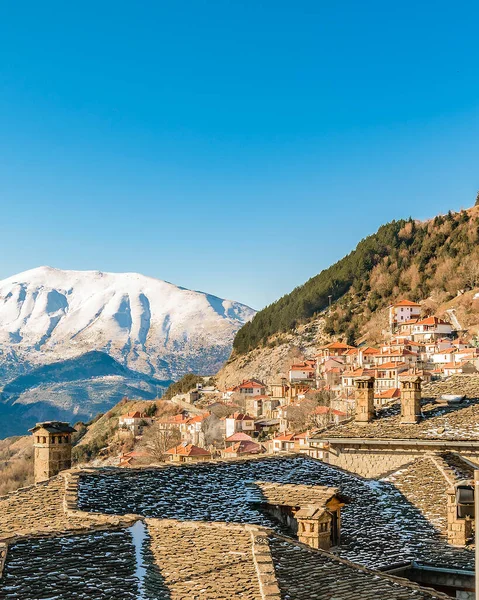 Zimowy Miejski Dzień Scena Krajobrazowa Metsovo Miasta Grecja — Zdjęcie stockowe