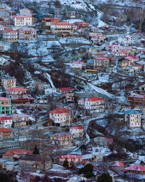 Zima Antenowy Miejski Dzień Scena Krajobrazowa Metsovo Miasta Grecja — Zdjęcie stockowe