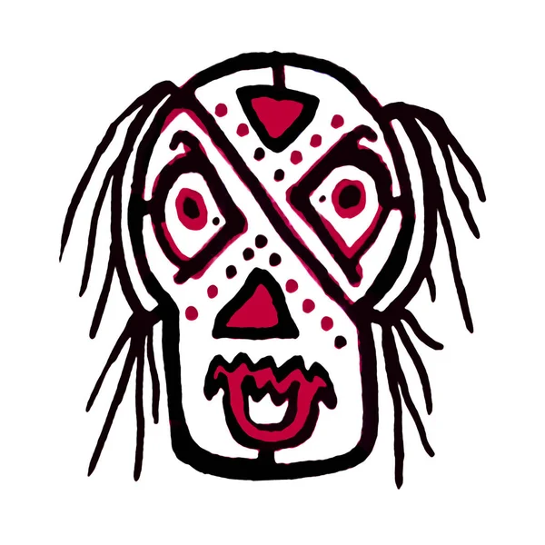 Kabile Etnik Kafatası Motifi Kırmızı Siyah Beyaz Renklerde Doğrusal Çizim — Stok fotoğraf