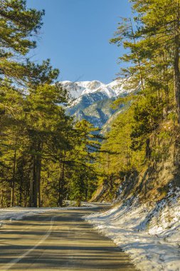 Olimpus Dağı Ulusal Parkı 'nda boş otoyol, Yunanistan.