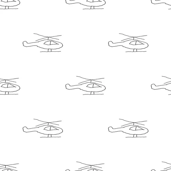Fekete Fehér Vázlatos Rajzfilm Gyerek Stílus Helikopter Rajz Motívum Zökkenőmentes — Stock Fotó