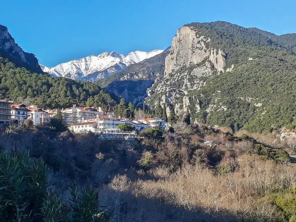 Cena Dia Inverno Pequena Cidade Sobre Montanha Metsovo Grécia — Fotografia de Stock