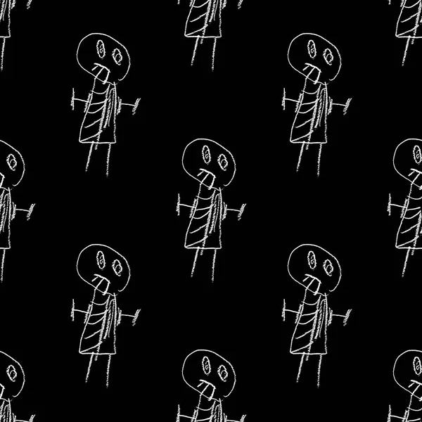Black White Sketchy Style Funny Skeletons Motif Drawing Seamless Pattern — Stockfoto