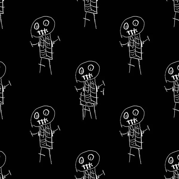 Black White Sketchy Style Funny Skeletons Motif Drawing Seamless Pattern — Stock Fotó