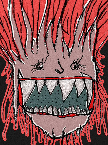 Colorful Pencil Drawing Style Evil Monster Close Portrait Art — Stok fotoğraf