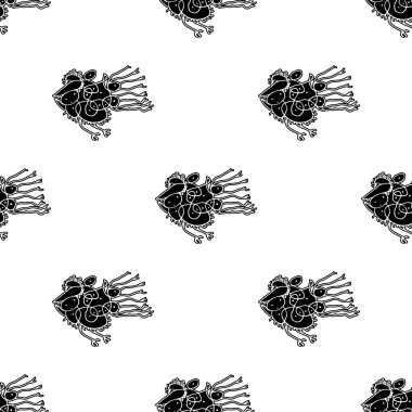 Siyah ve beyaz kalem, hayali canavar kuş motifli kusursuz desen çiziyor.