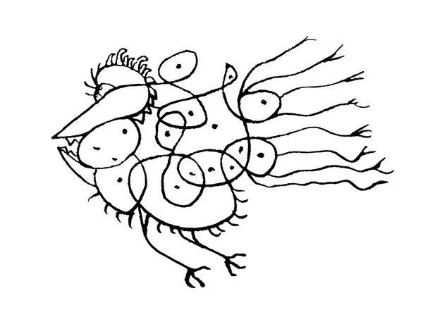 Svart Och Vit Penna Teckning Fantasi Monster Fågel Isolerad Vit — Stockfoto