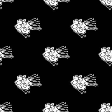 Siyah ve beyaz kalem, hayali canavar kuş motifli kusursuz desen çiziyor.