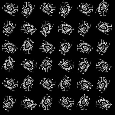 Siyah ve beyaz kalem garip canavar karikatür motifleri çiziyor.