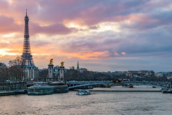 Sena River Cityscape Urban Sunset Scene Paris France — Zdjęcie stockowe