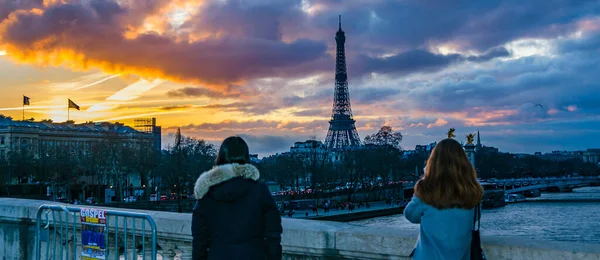 Міська Сцена Заходу Сонця Парижі Ейфелевою Вежею Основною Темою — стокове фото