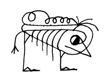 Tüm vücut portresi korkunç komik canavar baştan savma siyah beyaz çizim