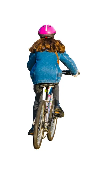 Voltar Vista Menina Andar Bicicleta Isolada Foto Branca — Fotografia de Stock
