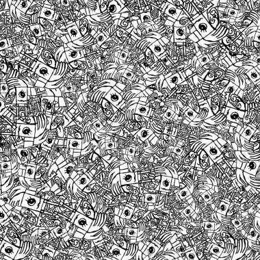 Garip şirin fantezi çizim motifi siyah beyaz desen