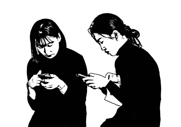 Two Young Attractive Asian Women Using His Smartphones Isolated Graphic — Stock Photo, Image