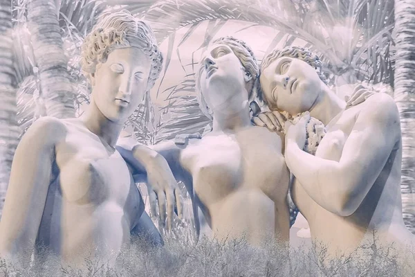 Tre Graces Skulptur Sensuell Fantasi Drömmande Collage Konstverk Scen — Stockfoto