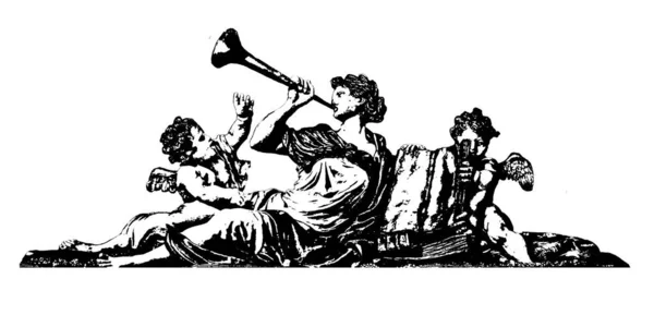 Vrouw Engel Spelen Trompet Omringd Door Twee Cherubs Geïsoleerde Grafisch — Stockfoto
