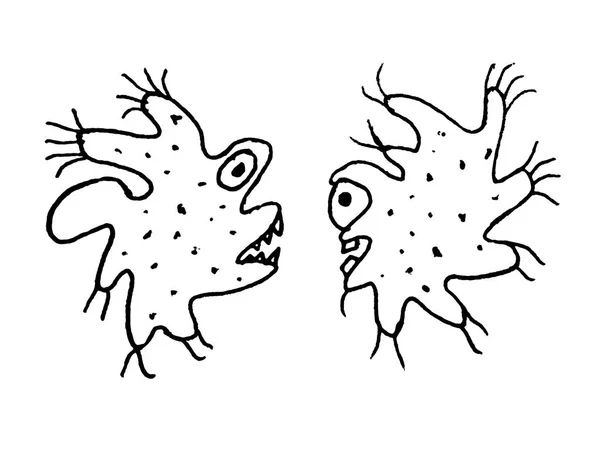 Two Funny Bacterias Black White Sketchy Style Drawing Looking Each — Stock Photo, Image