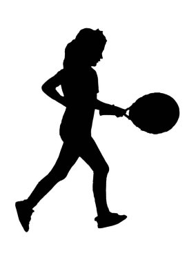 Uzun menzilli tenisçi kız izole edilmiş siyah grafikle çalışıyor.