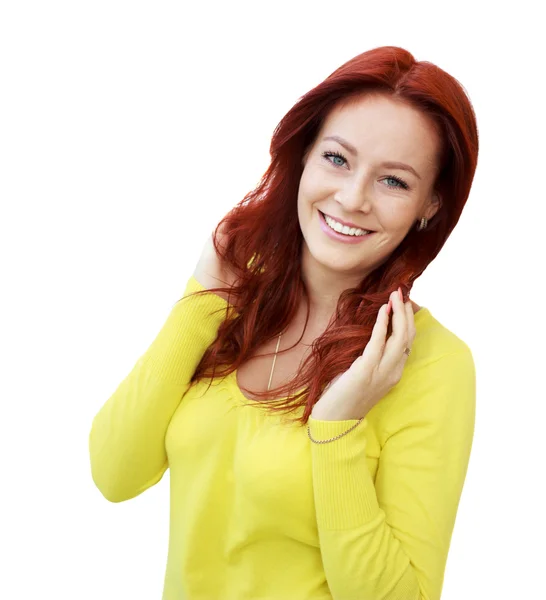 Portrait of a beautiful young woman looking happy against white background — Stock Photo, Image