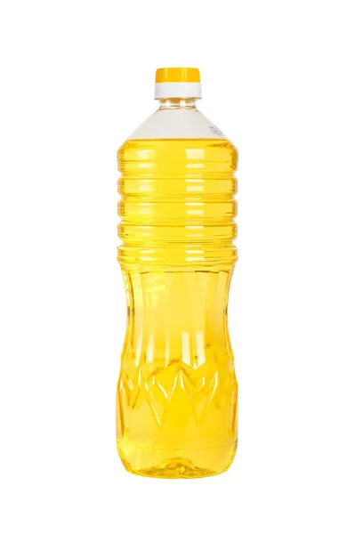 Beyaz arka planda izole edilmiş bir şişe ayçiçeği yağı.