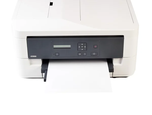 Impressora e papel isolado sobre fundo branco — Fotografia de Stock