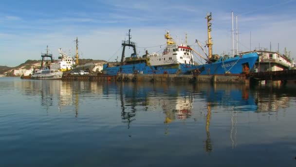 Barcos de pesca en los muelles de la bahía . — Vídeo de stock