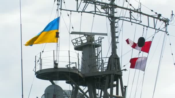 Navio de guerra decorado com bandeiras — Vídeo de Stock