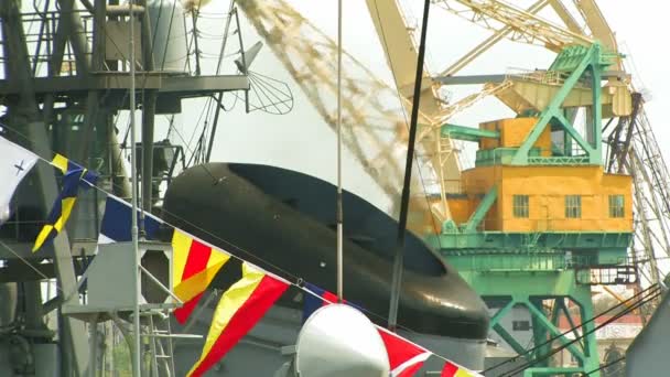 Örlogsfartyg dekorerad med flaggor — Stockvideo