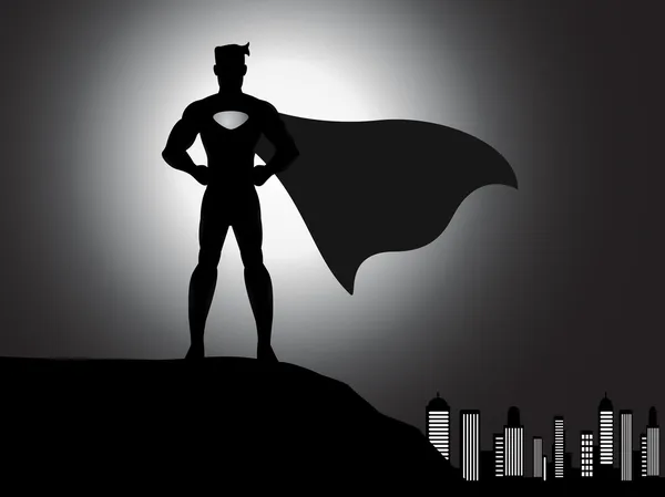 Silhouette superhero in the city — Stock Vector