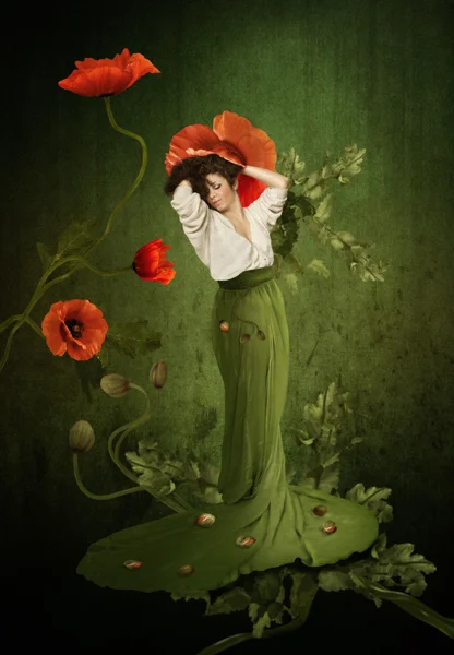 Daydreaming girl with poppies — Stock Photo, Image