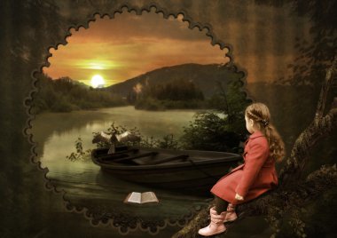 Little girl at sunset clipart