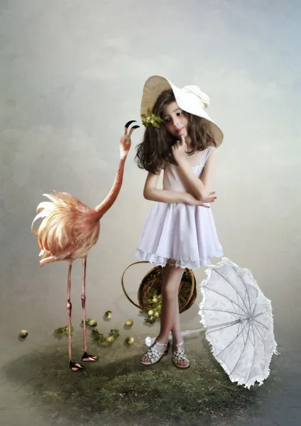 Menina e flamingo — Fotografia de Stock