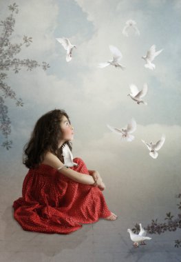 Girl and pigeons clipart