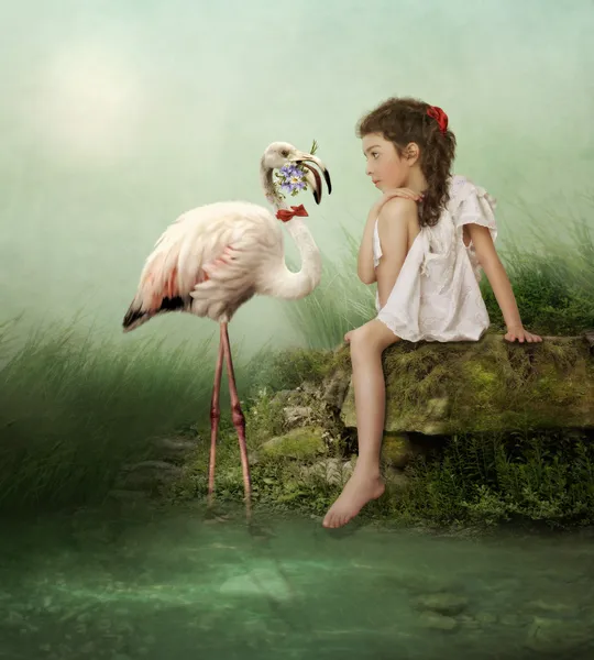 White flamingos and little girl — Stock Photo, Image