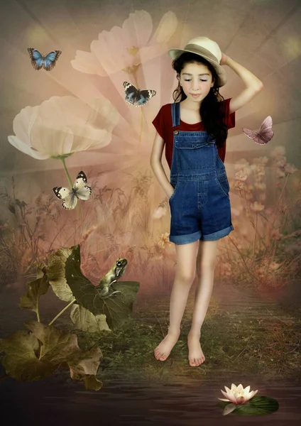 Little Girl Flowers Butterflies Looks Little Frog Sitting Burdock Leaf — Stock Photo, Image