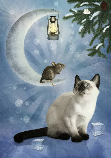 Siamese Kitten Looks Little Mouse Sitting Crescent Moon Winter Background — Stock Photo, Image