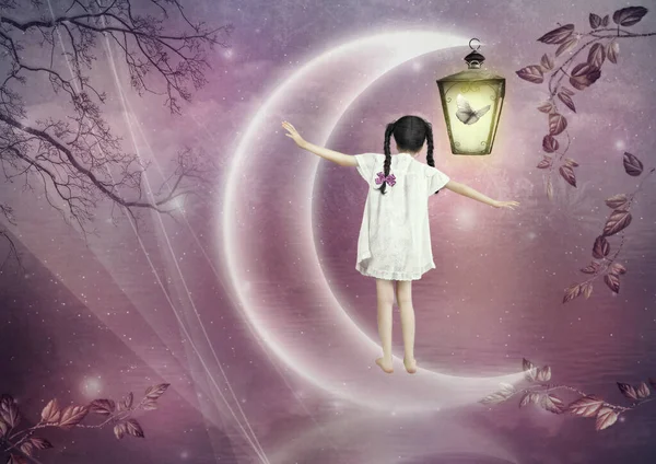 Little Girl Balancing Crescent Moon Fantasy Background Light Lantern — Stock Photo, Image