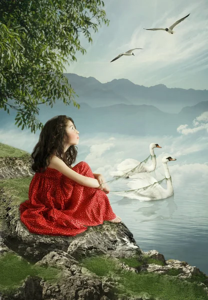 Niña Sentada Orilla Del Río Mirando Las Gaviotas Cielo Rodeada —  Fotos de Stock