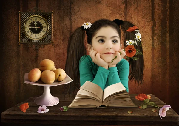 Mała Dziewczynka Marzycielskim Spojrzeniem Makami Stokrotkami Ręku Siedząca Przy Stole — Zdjęcie stockowe