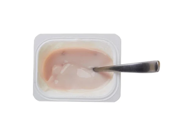 Plastic Beker Met Yoghurt Geïsoleerd Witte Achtergrond — Stockfoto