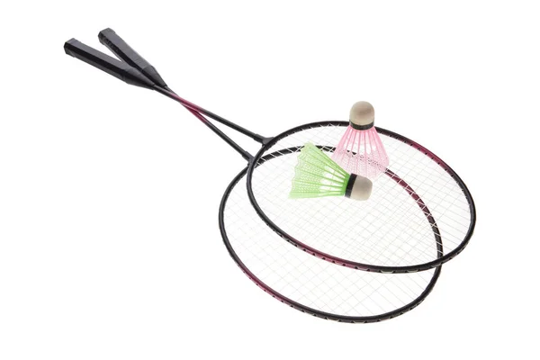 Badmintonracketer Skyttekran Isolert Hvit Bakgrunn – stockfoto