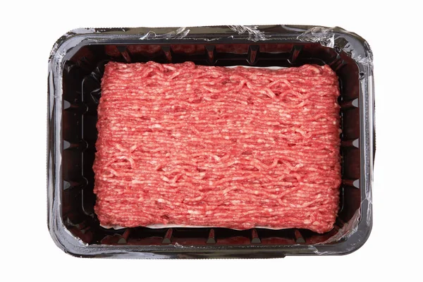 Carne Picada Una Caja Plástico Aislada Sobre Fondo Blanco — Foto de Stock