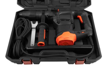 Rotary hammer with a drill in box on white background
