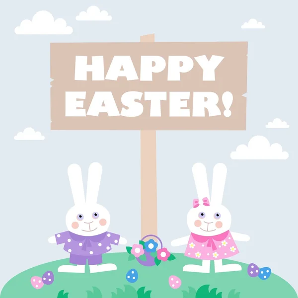 Biglietto con uova di Pasqua e coniglietti — Foto Stock