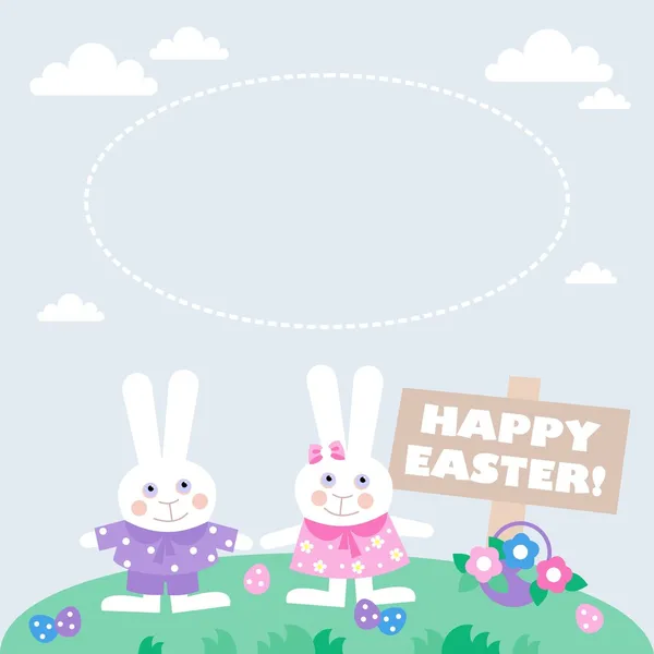 Tarjeta con huevos de Pascua y conejos —  Fotos de Stock