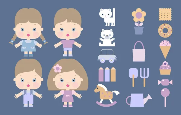 Ikoner med barn, leksaker, godis och trädgårdsredskap — Stockfoto