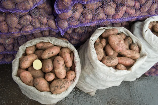 Świeże ziemniaki w workach na rynku — Zdjęcie stockowe